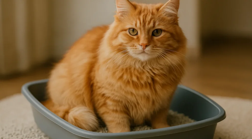 Fluffy orange cat sitting in a litter box